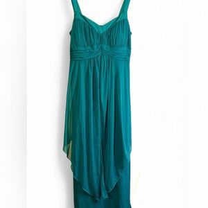 Elegant teal maxi dress softly draped chiffon overlay flattering empire waist